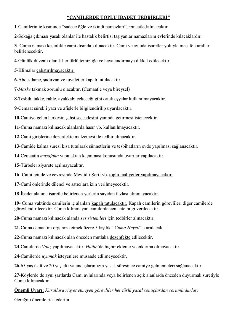 CAMİLERDE TOPLU İBADET TEDBİRLERİ